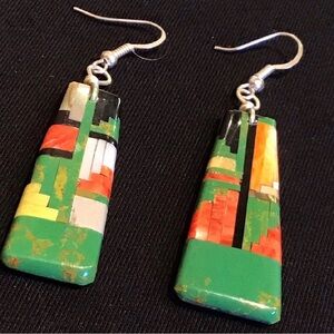 Native American Santo Domingo Stone Inlay,  Colorful Geometric Drop Earrings